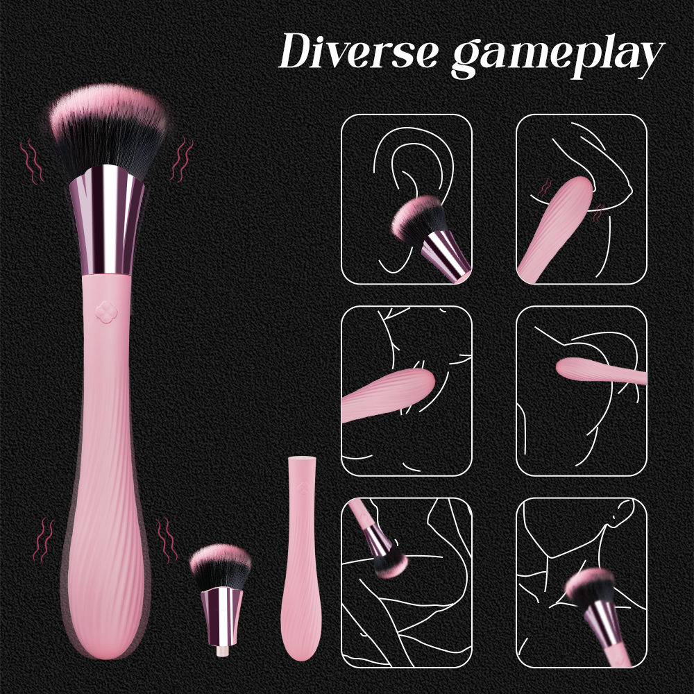 Vibrating brush massager marketing sheet showing detachable head and multiple use illustrations